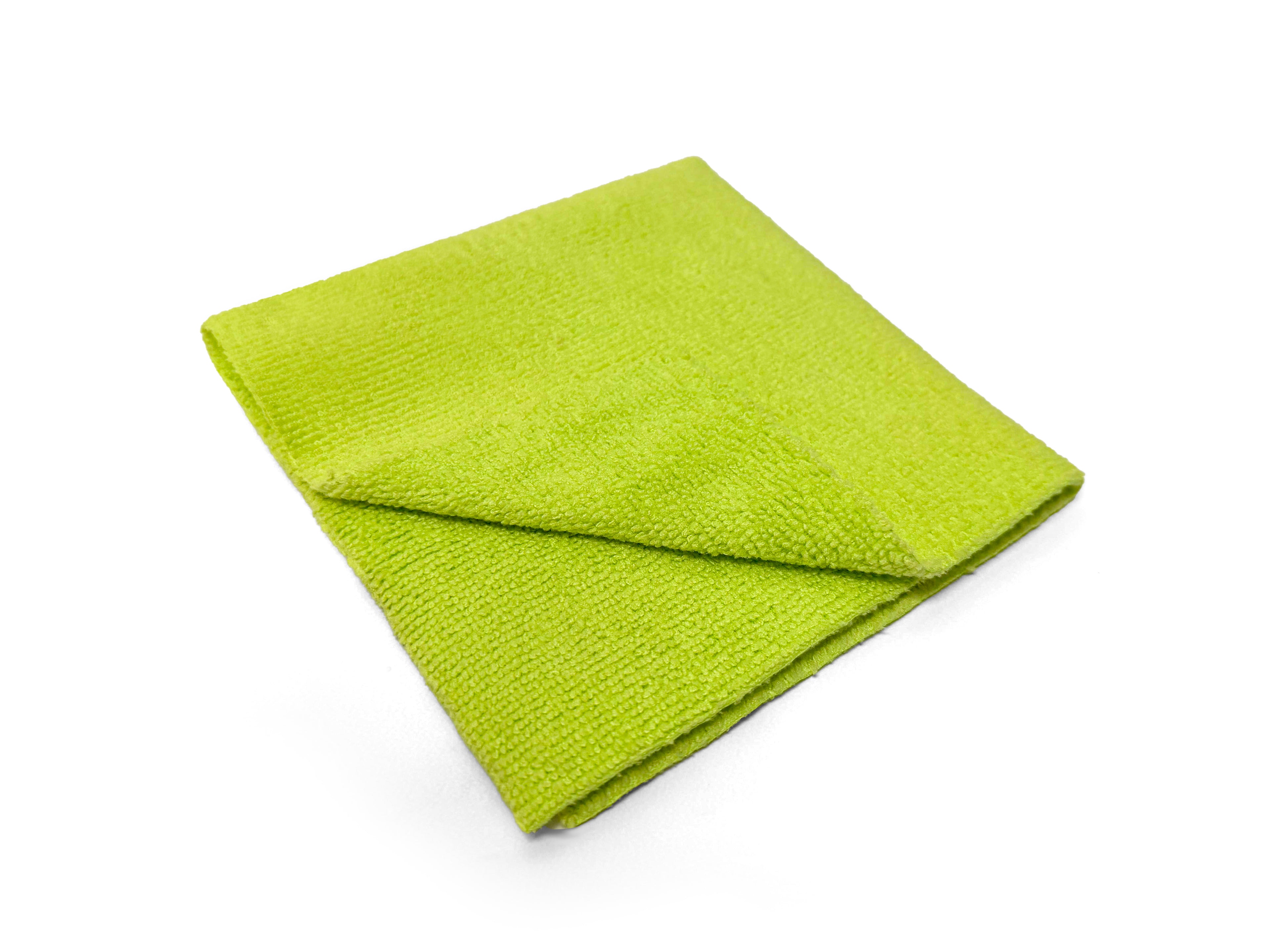 Lime green tear-away microfiber cleaning towel made from a soft, absorbent 80/20 blend. Reusable, machine washable, lint-free, and scratch-safe for cleaning cars, glass, screens, and countertops.