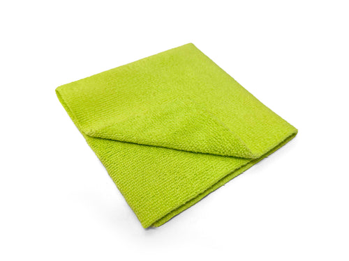 Lime green tear-away microfiber cleaning towel made from a soft, absorbent 80/20 blend. Reusable, machine washable, lint-free, and scratch-safe for cleaning cars, glass, screens, and countertops.