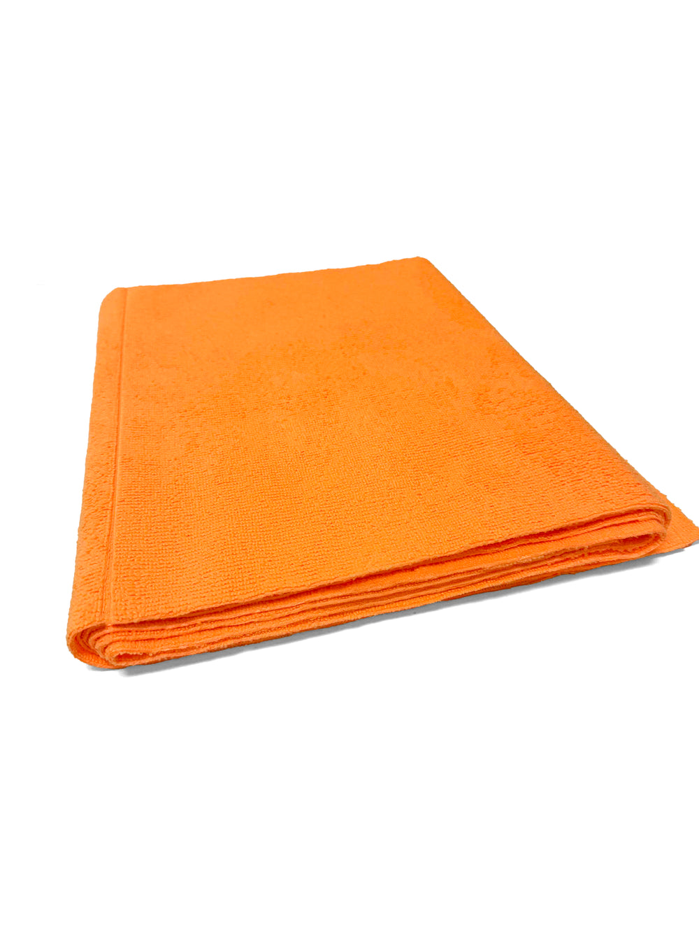 A bright orange folded microfiber cloth with a textured surface, shown on a plain white background.