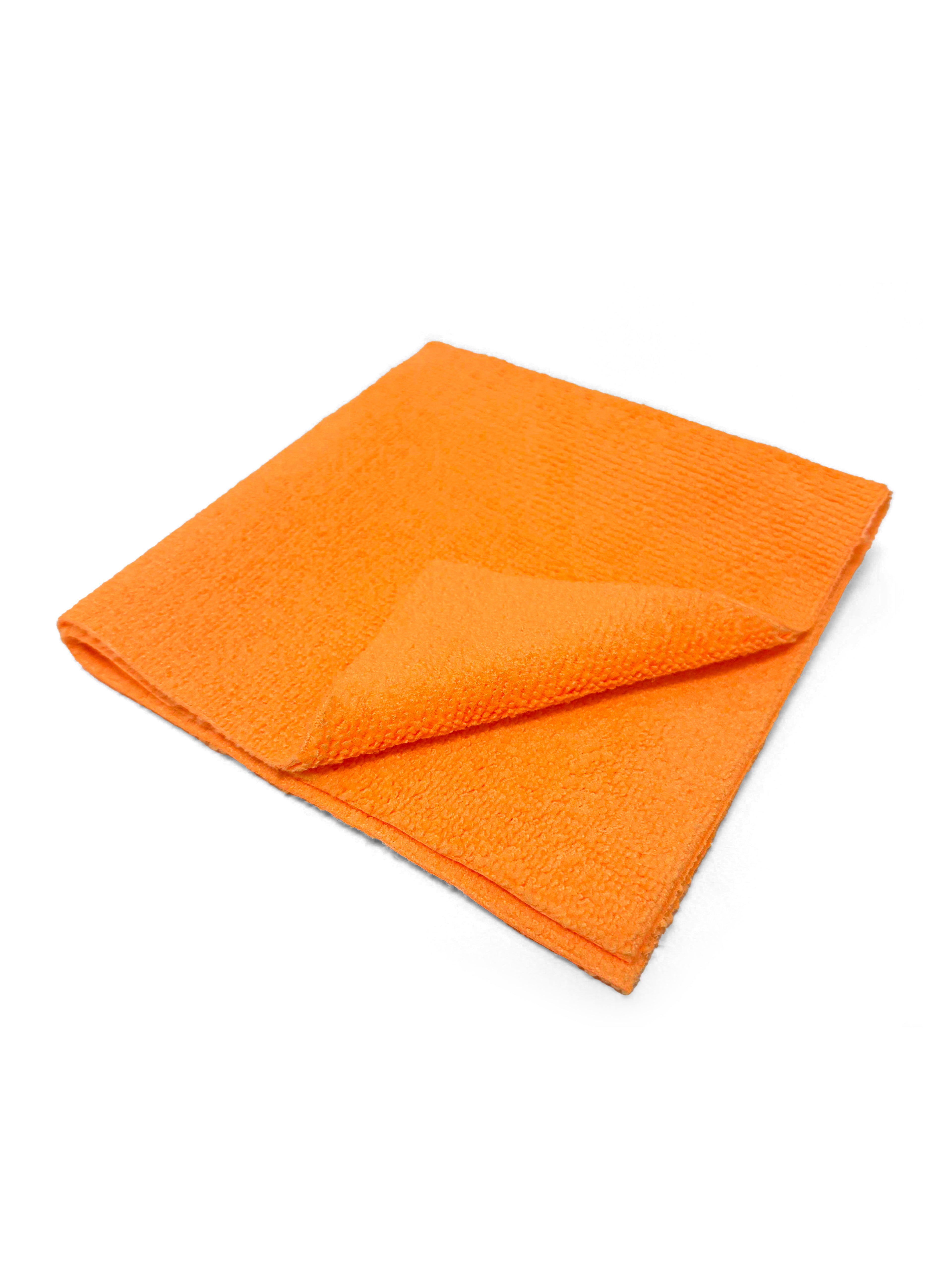 An orange microfiber cleaning cloth, folded and displayed on a clean white background.