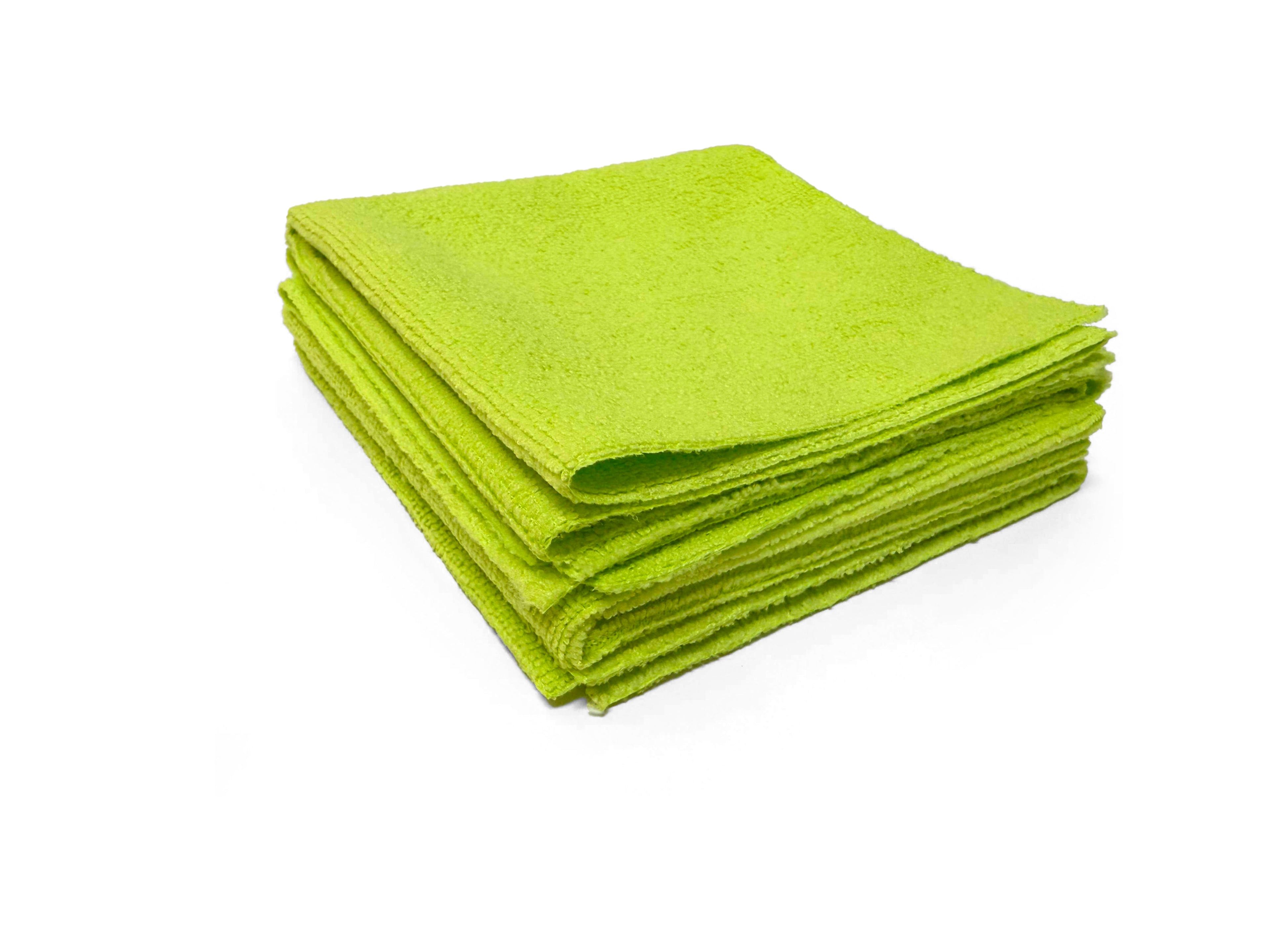 Lime green tear-away microfiber cleaning towel made from a soft, absorbent 80/20 blend. Reusable, machine washable, lint-free, and scratch-safe for cleaning cars, glass, screens, and countertops.