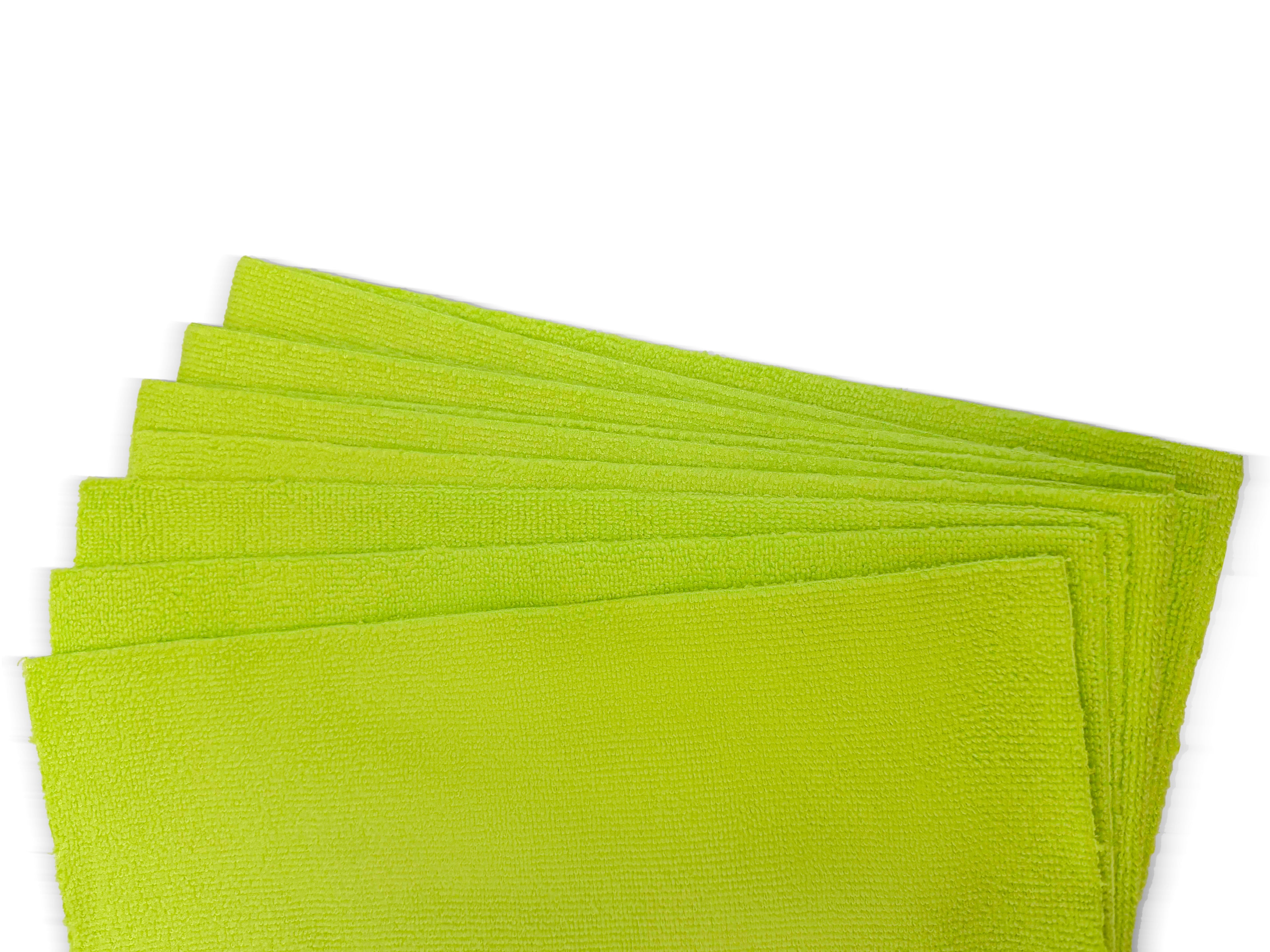 Lime green tear-away microfiber towel made from a soft, absorbent 80/20 blend. Reusable, machine washable, lint-free, and safe for cars, glass, screens, and countertops.