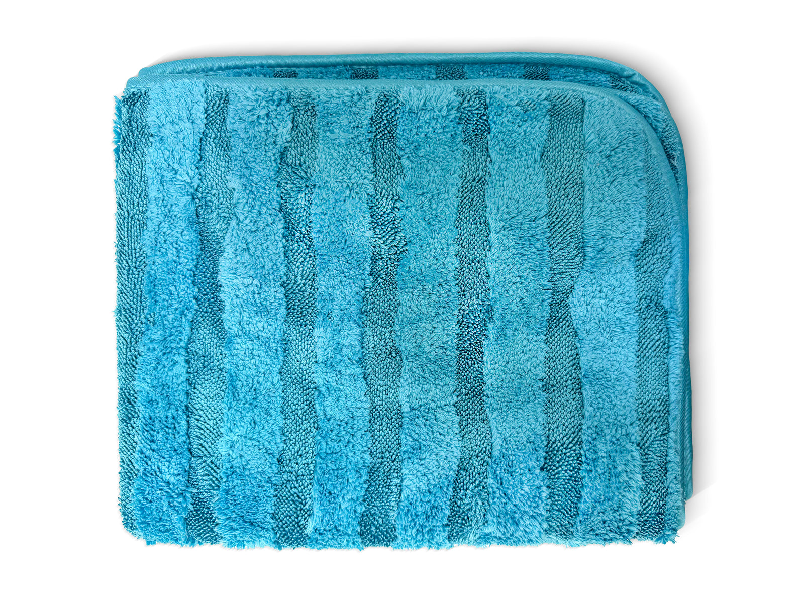 A folded blue terry cloth towel with vertical striped texture, shown on a plain white background.